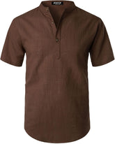 Stitch Boss: Men's Summer Lightweight Cotton Linen Shirts Casual Short Sleeve Breathable Banded Collar Henley for Beach Vacation