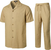 Stitch Boss: Men's 2 Piece Outfits Summer Relaxed Fit Walking Suit Casual Cuban Guayabera Shirt and Pants Set Beach Vacation