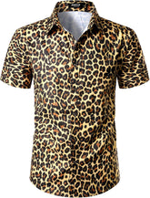 Stitch Boss: Men's Stretchy Causal Leopard Cheetah Print Short Sleeve Slim Fit Button Up Shirt