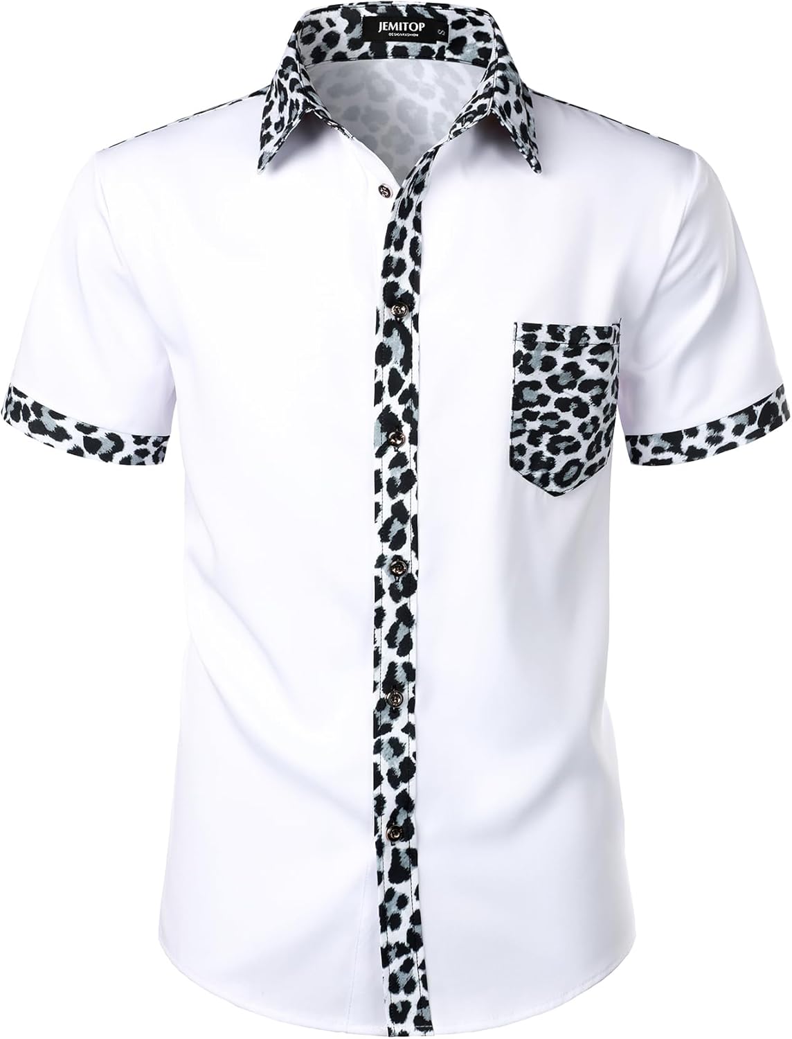 Stitch Boss: Men's Stretchy Causal Leopard Cheetah Print Short Sleeve Slim Fit Button Up Shirt