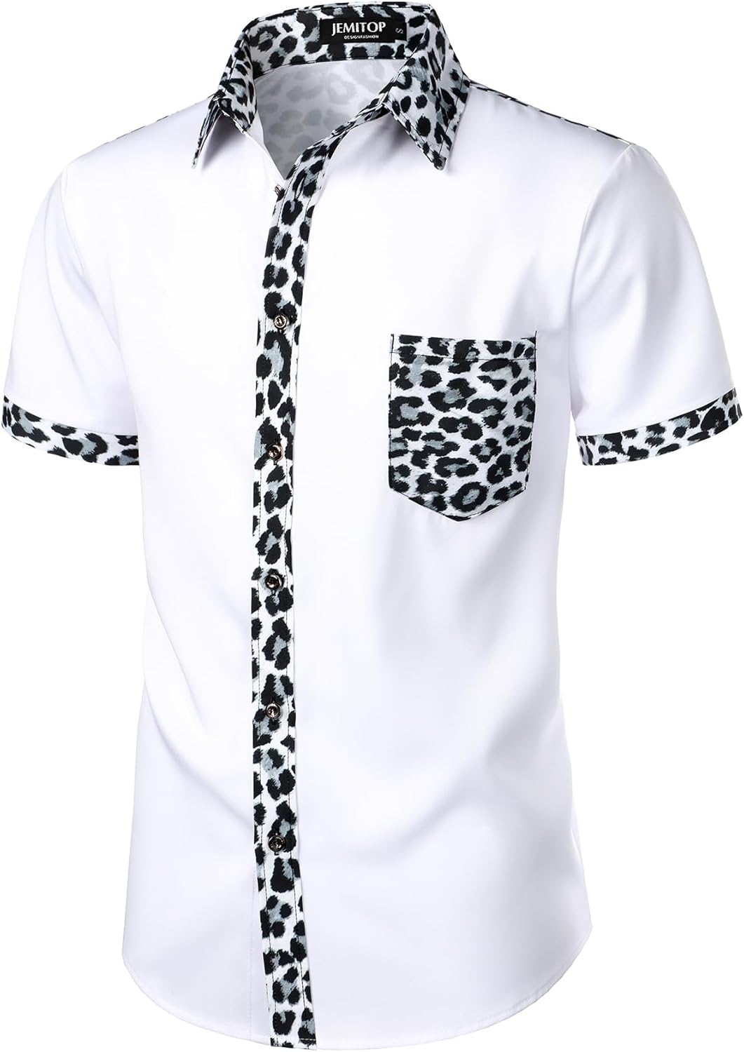 Stitch Boss: Men's Stretchy Causal Leopard Cheetah Print Short Sleeve Slim Fit Button Up Shirt