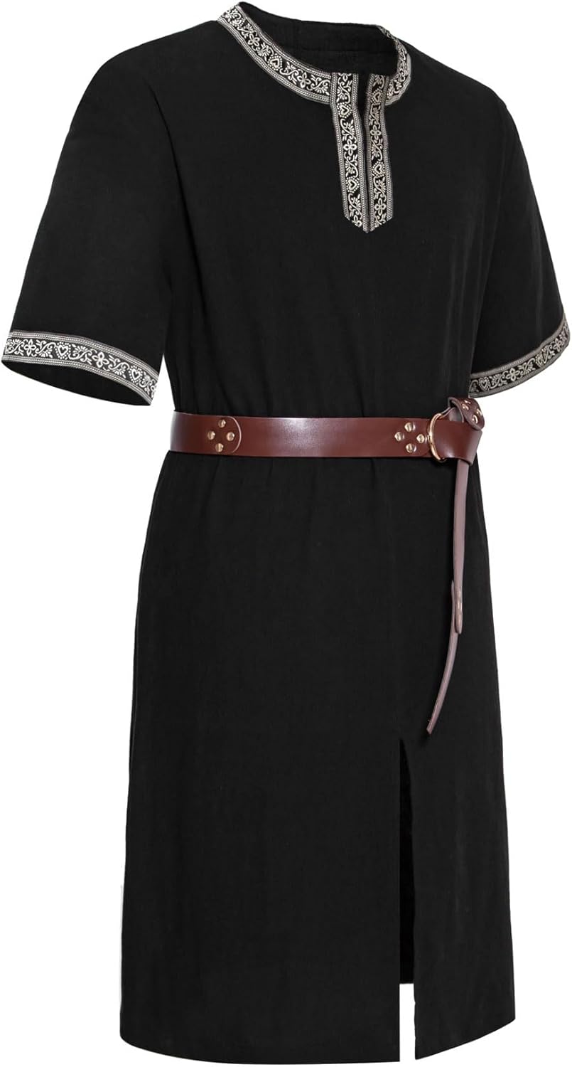 Stitch Boss: Men's Retro Style Cotton Short Sleeves Tunic Shirts for Viking Medieval Renaissance Costume Without Belt