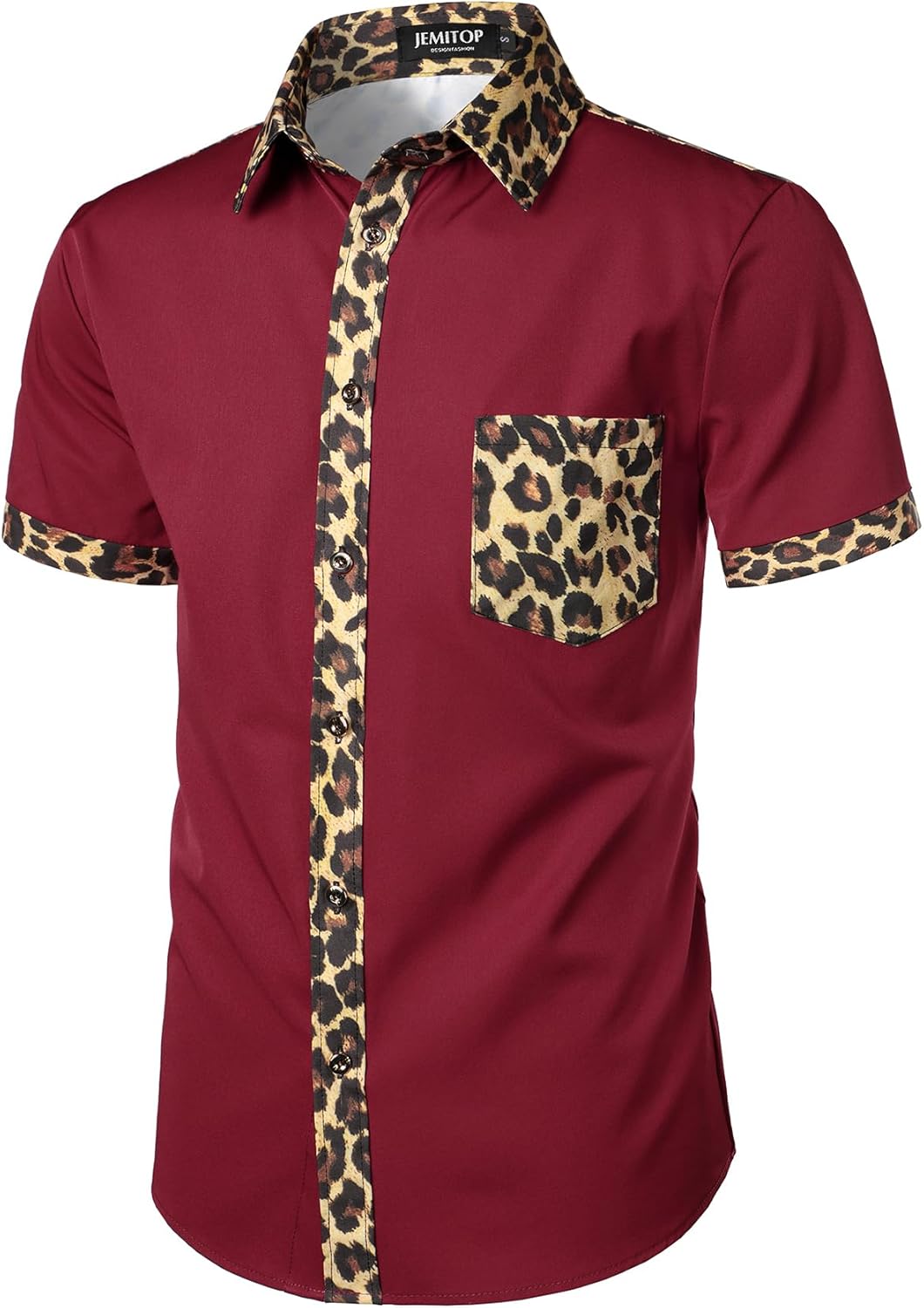 Stitch Boss: Men's Stretchy Causal Leopard Cheetah Print Short Sleeve Slim Fit Button Up Shirt