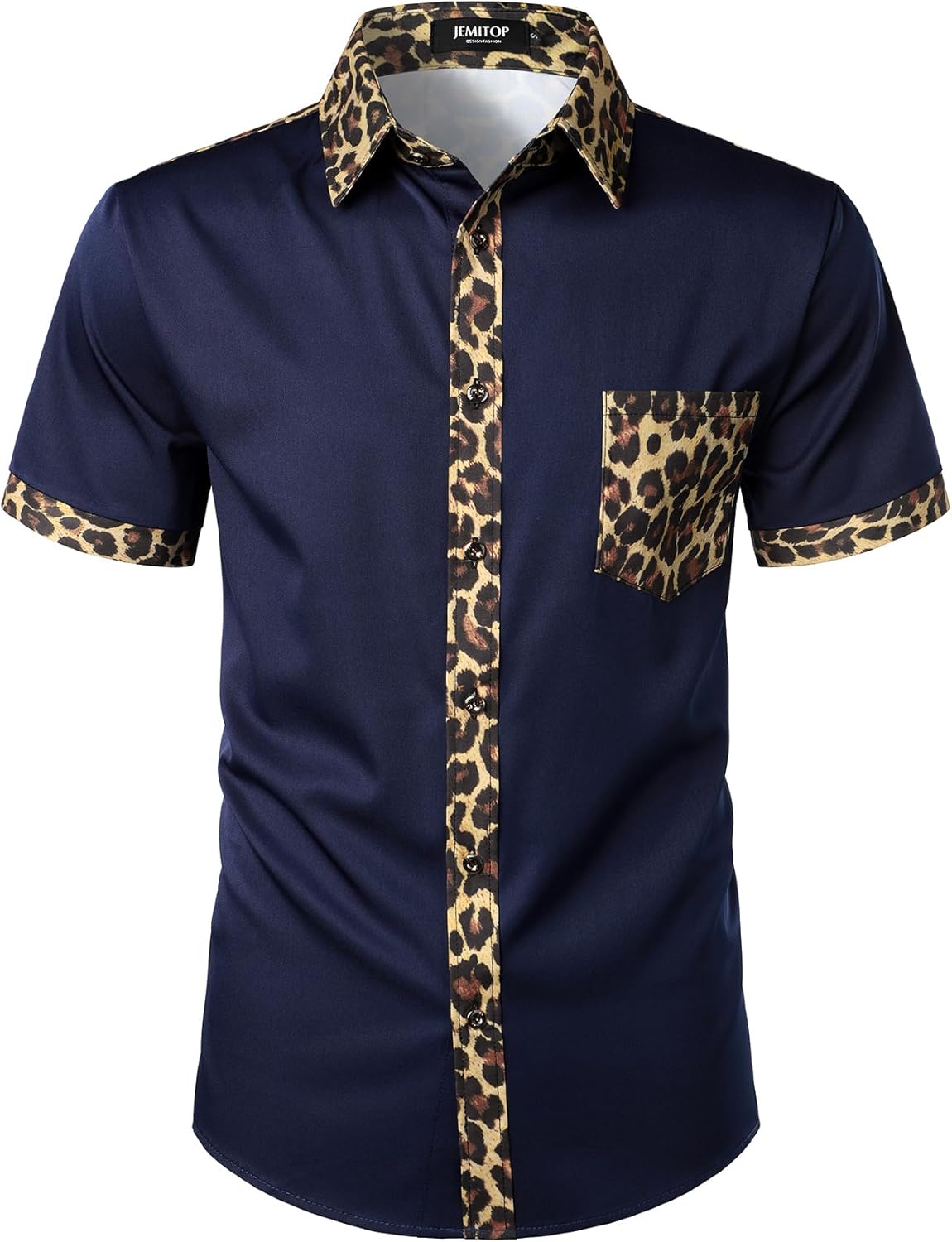 Stitch Boss: Men's Stretchy Causal Leopard Cheetah Print Short Sleeve Slim Fit Button Up Shirt