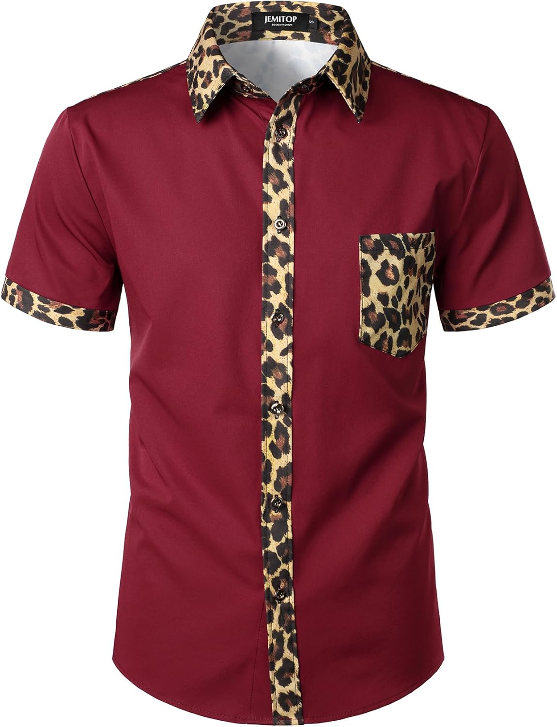 Stitch Boss: Men's Stretchy Causal Leopard Cheetah Print Short Sleeve Slim Fit Button Up Shirt
