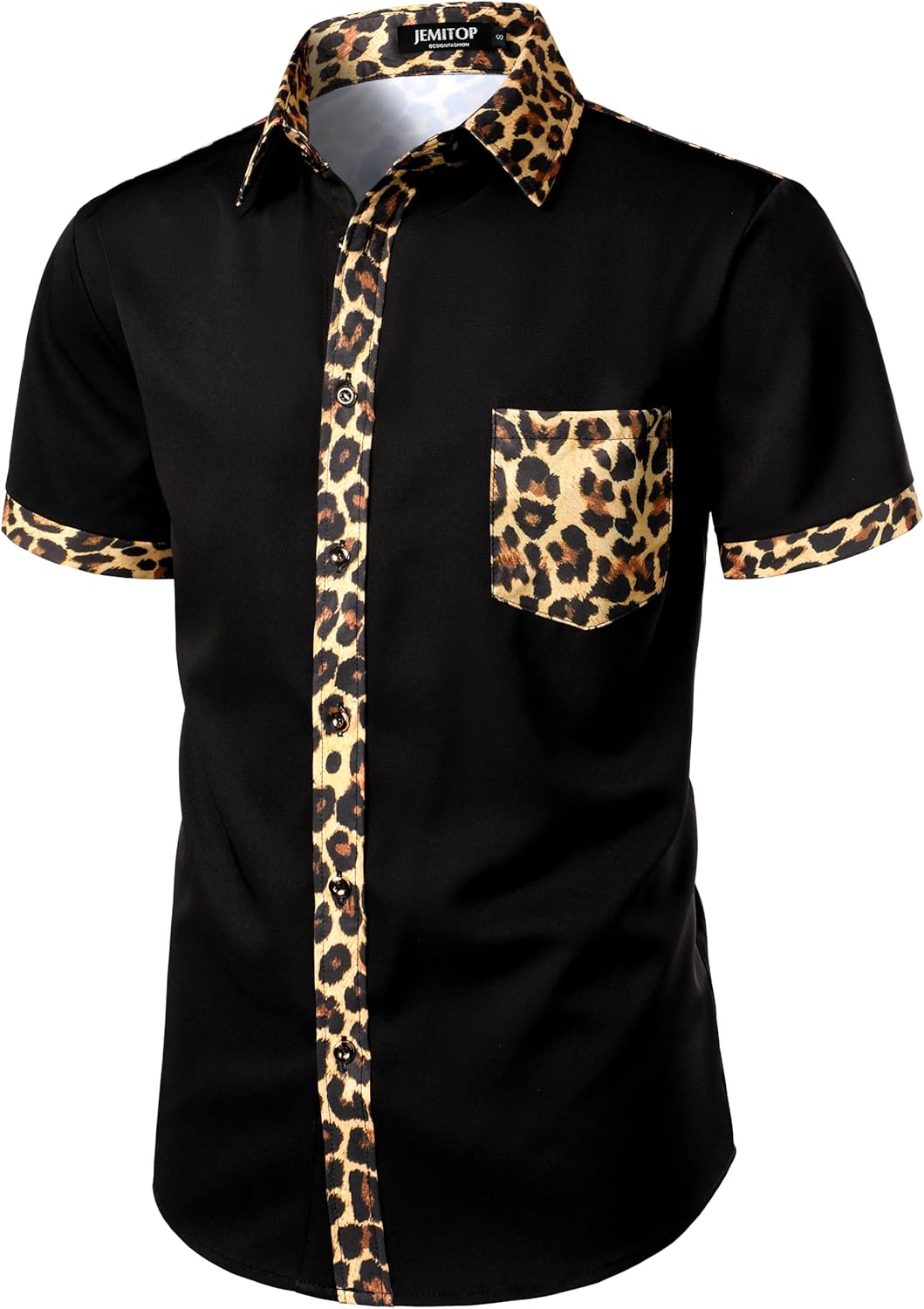 Stitch Boss: Men's Stretchy Causal Leopard Cheetah Print Short Sleeve Slim Fit Button Up Shirt