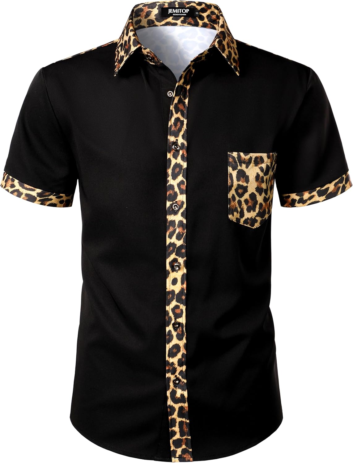 Stitch Boss: Men's Stretchy Causal Leopard Cheetah Print Short Sleeve Slim Fit Button Up Shirt