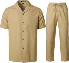 Stitch Boss: Men's 2 Piece Outfits Summer Relaxed Fit Walking Suit Casual Cuban Guayabera Shirt and Pants Set Beach Vacation