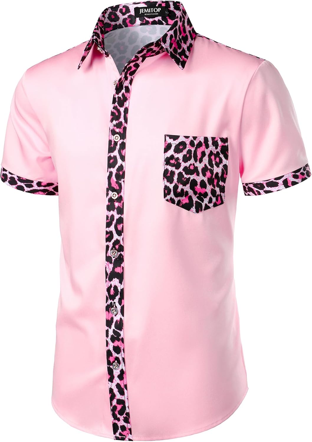 Stitch Boss: Men's Stretchy Causal Leopard Cheetah Print Short Sleeve Slim Fit Button Up Shirt