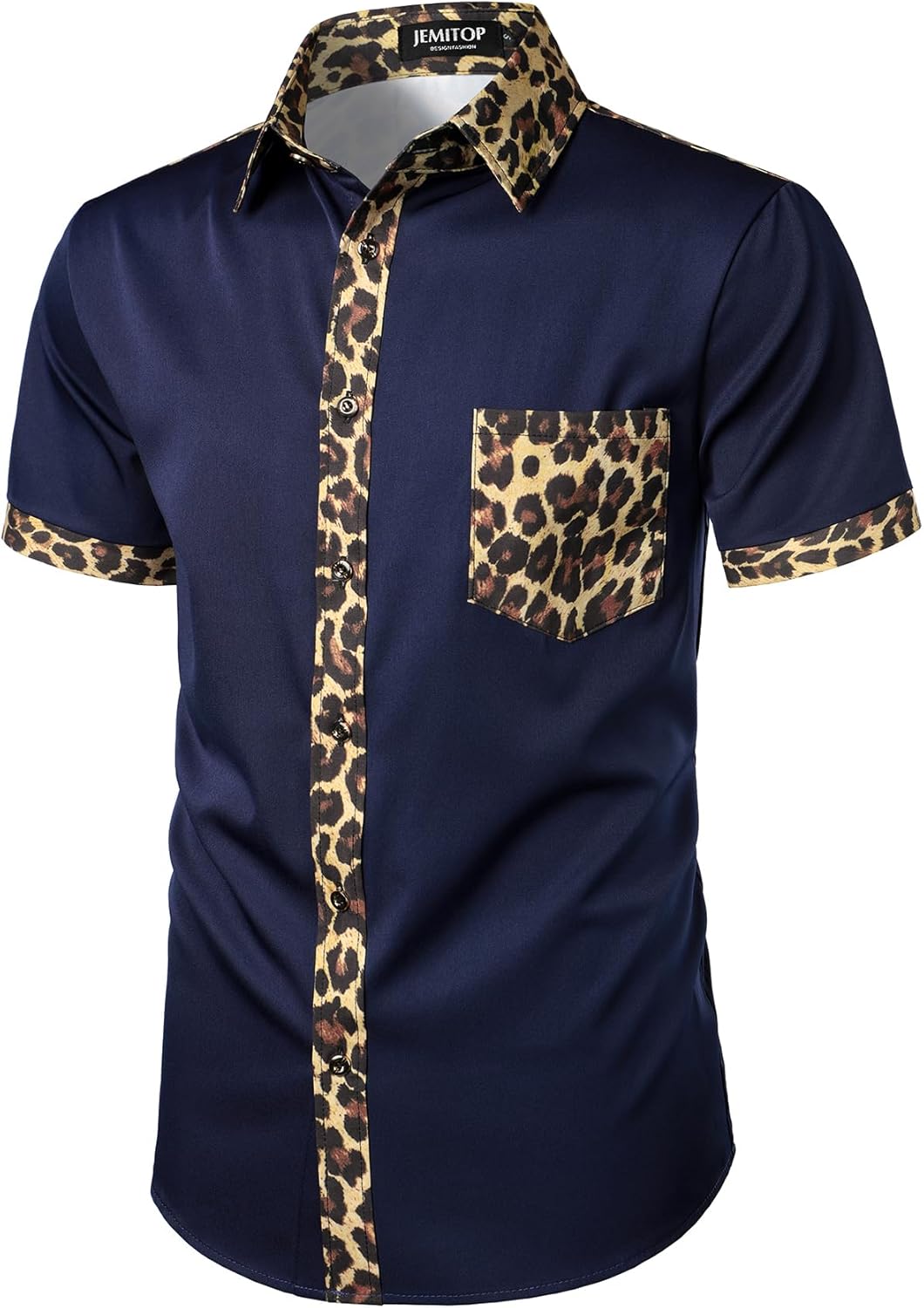 Stitch Boss: Men's Stretchy Causal Leopard Cheetah Print Short Sleeve Slim Fit Button Up Shirt