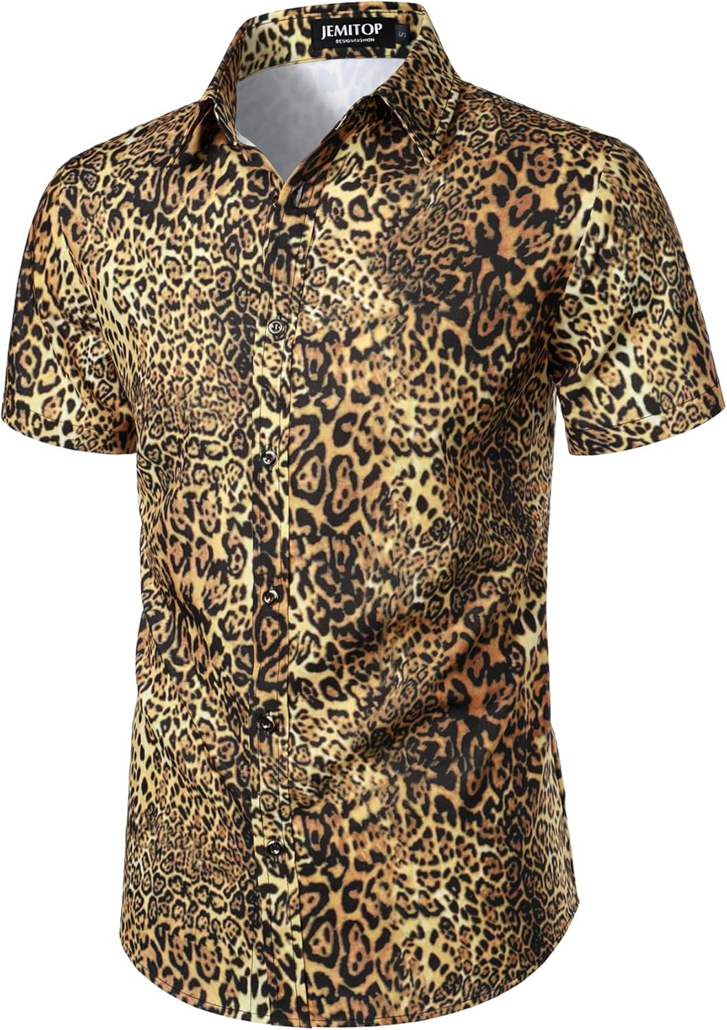 Stitch Boss: Men's Stretchy Causal Leopard Cheetah Print Short Sleeve Slim Fit Button Up Shirt