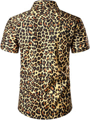 Stitch Boss: Men's Stretchy Causal Leopard Cheetah Print Short Sleeve Slim Fit Button Up Shirt