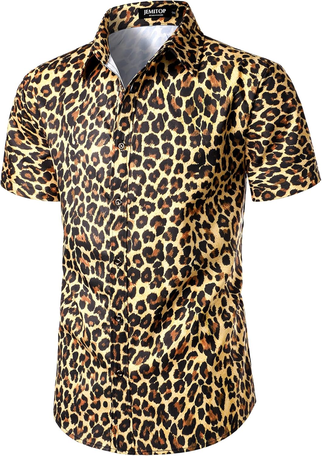 Stitch Boss: Men's Stretchy Causal Leopard Cheetah Print Short Sleeve Slim Fit Button Up Shirt