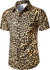 Stitch Boss: Men's Stretchy Causal Leopard Cheetah Print Short Sleeve Slim Fit Button Up Shirt