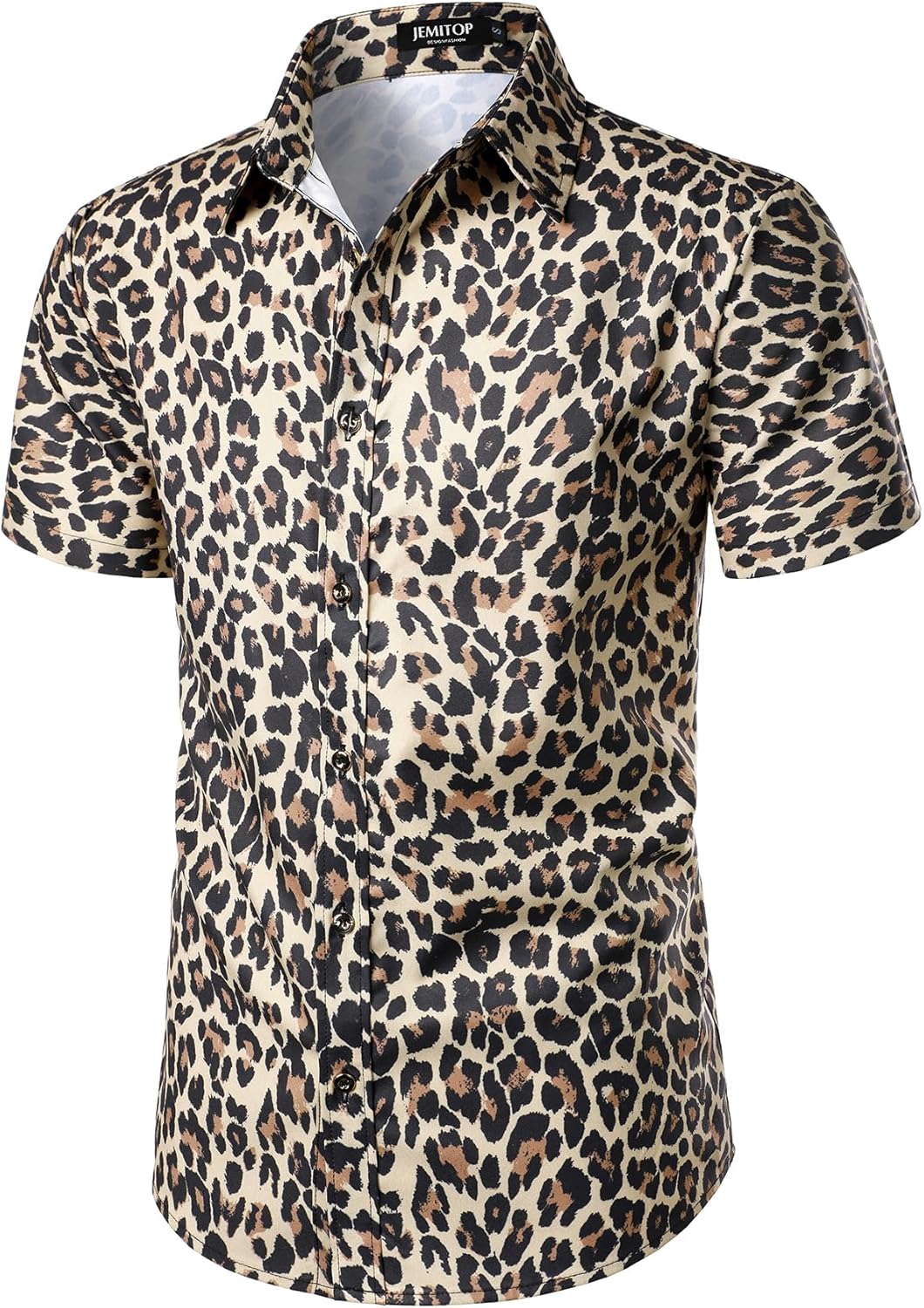 Stitch Boss: Men's Stretchy Causal Leopard Cheetah Print Short Sleeve Slim Fit Button Up Shirt