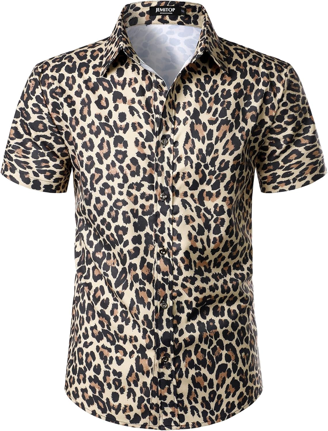 Stitch Boss: Men's Stretchy Causal Leopard Cheetah Print Short Sleeve Slim Fit Button Up Shirt
