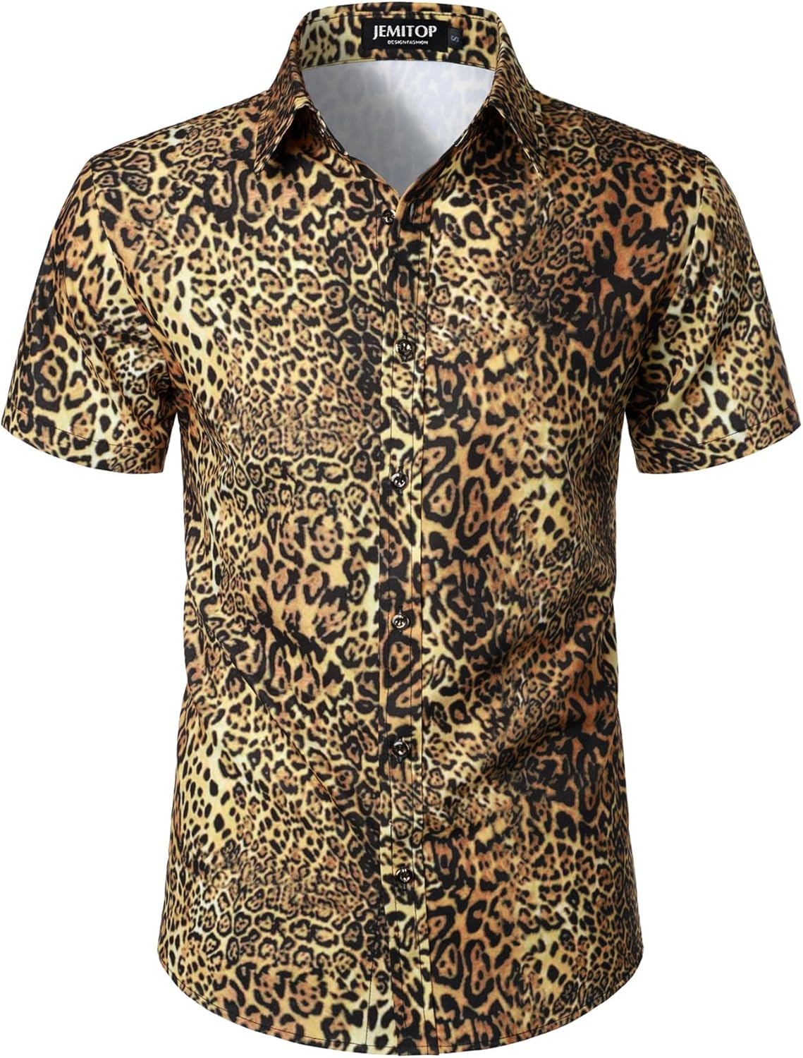 Stitch Boss: Men's Stretchy Causal Leopard Cheetah Print Short Sleeve Slim Fit Button Up Shirt
