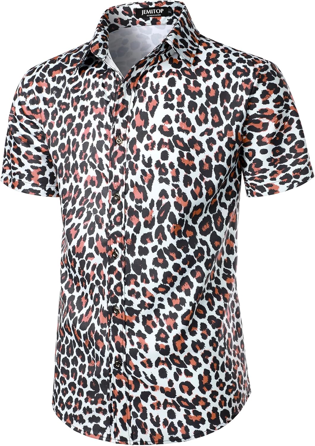 Stitch Boss: Men's Stretchy Causal Leopard Cheetah Print Short Sleeve Slim Fit Button Up Shirt
