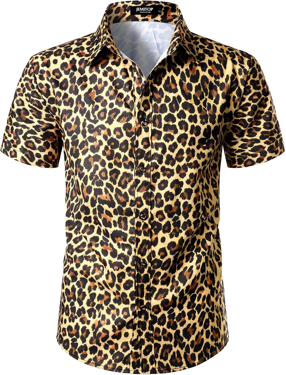 Stitch Boss: Men's Stretchy Causal Leopard Cheetah Print Short Sleeve Slim Fit Button Up Shirt