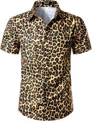 Stitch Boss: Men's Stretchy Causal Leopard Cheetah Print Short Sleeve Slim Fit Button Up Shirt