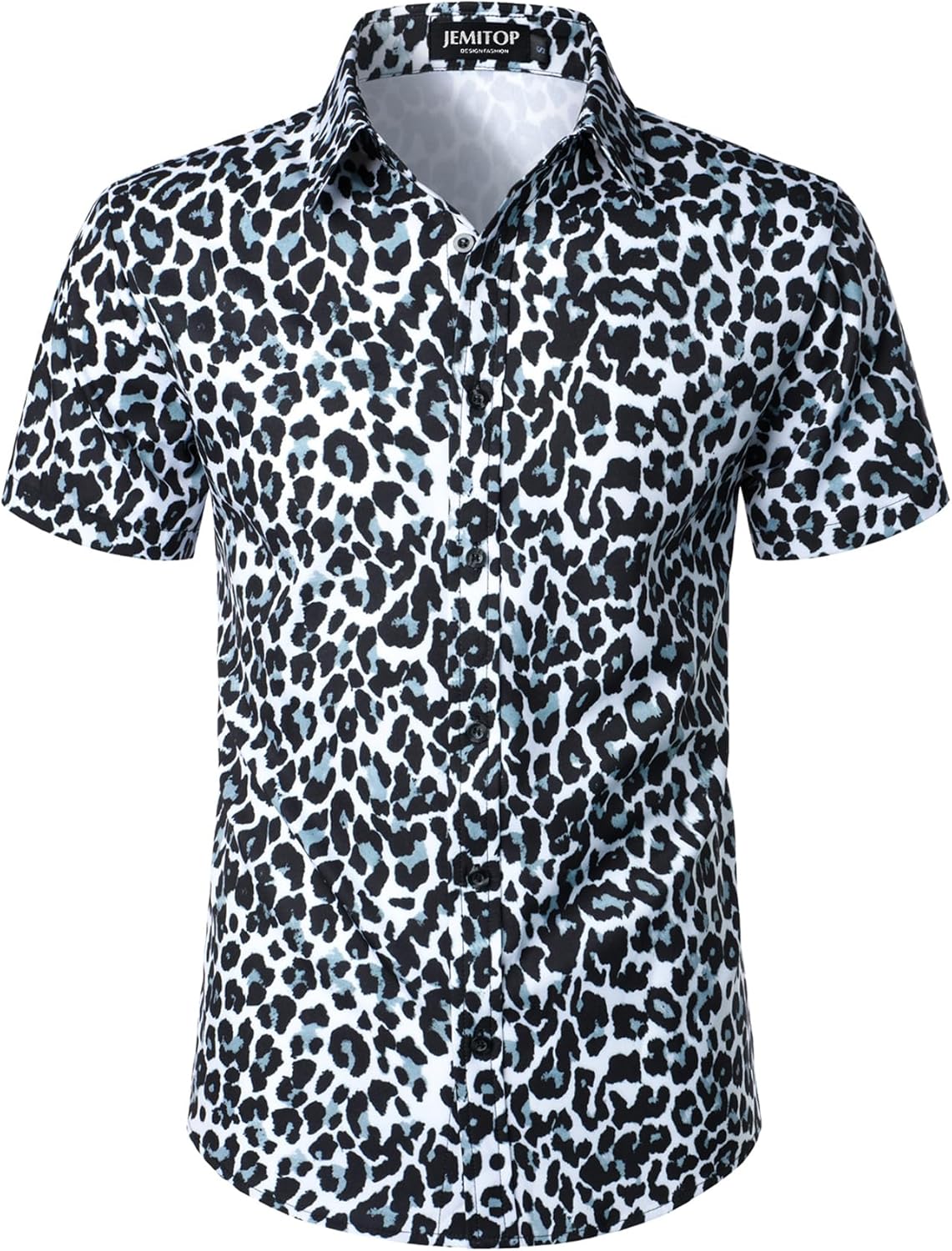 Stitch Boss: Men's Stretchy Causal Leopard Cheetah Print Short Sleeve Slim Fit Button Up Shirt