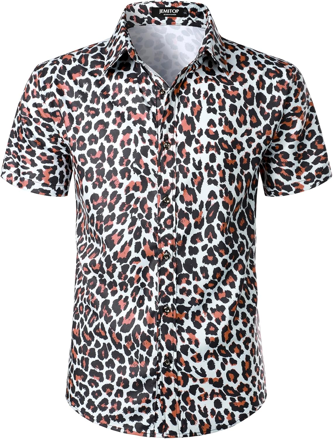 Stitch Boss: Men's Stretchy Causal Leopard Cheetah Print Short Sleeve Slim Fit Button Up Shirt