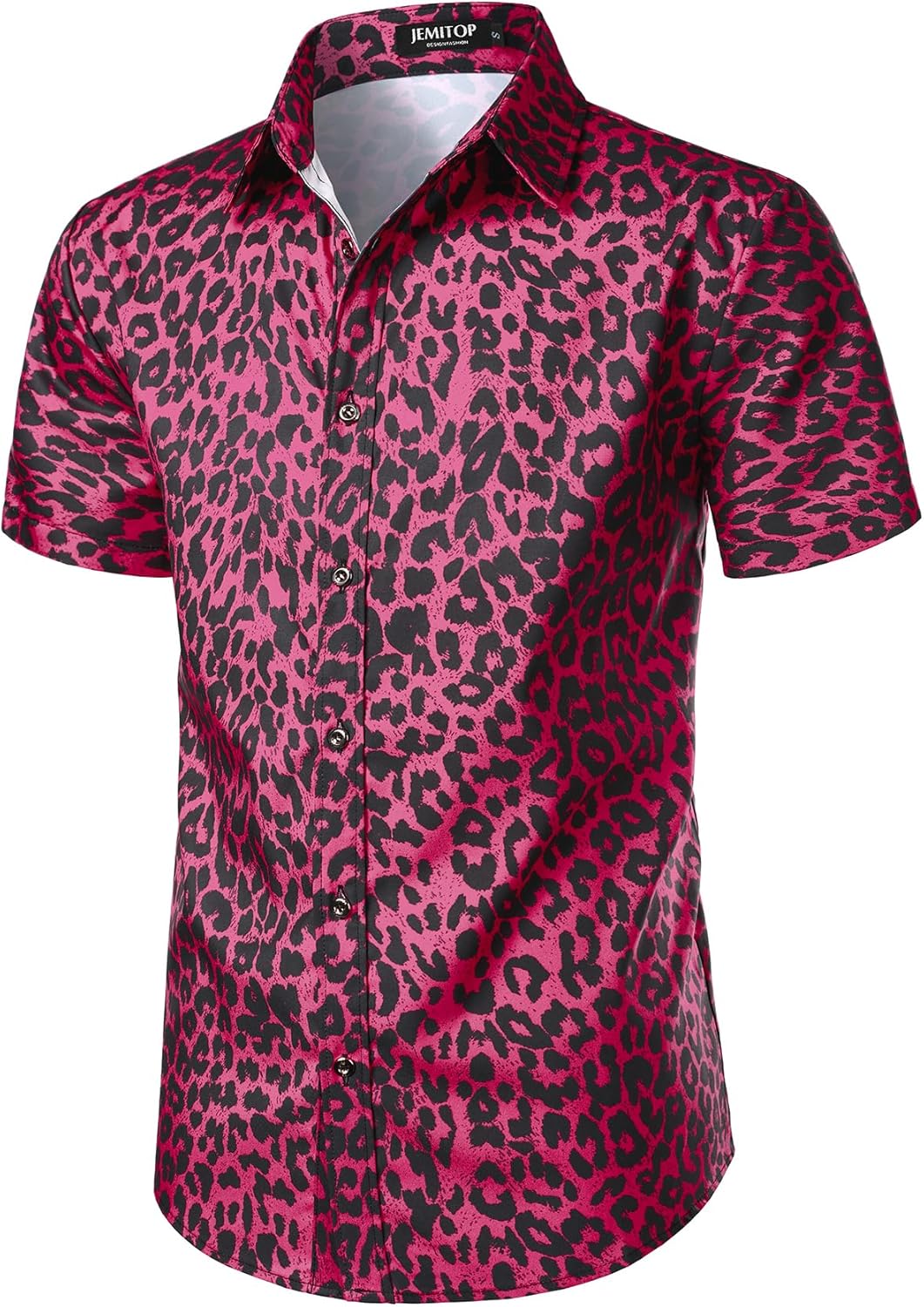 Stitch Boss: Men's Stretchy Causal Leopard Cheetah Print Short Sleeve Slim Fit Button Up Shirt